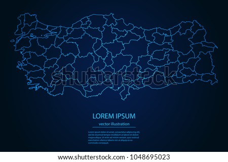 Abstract High Detailed Glow Blue Map on Dark Background of Map of Turkey symbol for your web site design map logo, app, ui,Travel. Vector illustration eps 10.