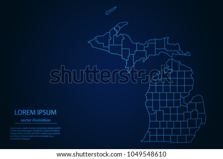 Abstract High Detailed Glow Blue Map on Dark Background of Map of Michigan symbol for your web site design map logo, app, ui,Travel. Vector illustration eps 10.