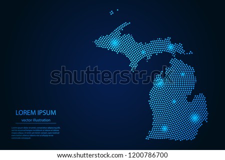 Abstract image Michigan map from point blue and glowing stars on a dark background. vector illustration. 