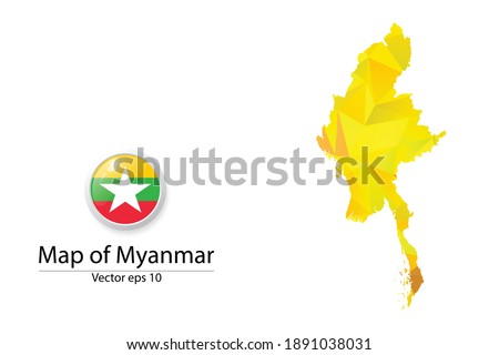 Abstract Polygon Map and Button Flag - Vector illustration Low Poly Color Yellow Myanmar map of isolated. Vector eps10.