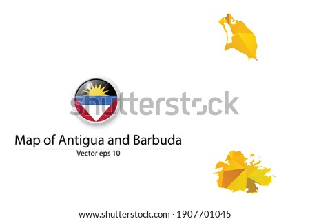 Abstract Polygon Map and Button Flag - Vector illustration Low Poly Color Yellow Antigua and Barbuda map of isolated. Vector eps10.