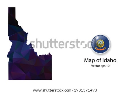 Abstract Polygon Map and Button Flag - Vector illustration Low Poly Color Dark Idaho map of isolated. Vector eps10.