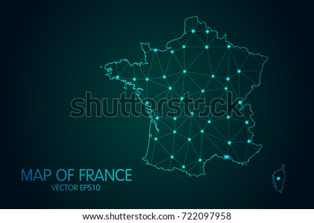 Map of France - With glowing point and lines scales on the dark gradient background, 3D mesh polygonal network connections.Vector illustration eps 10.