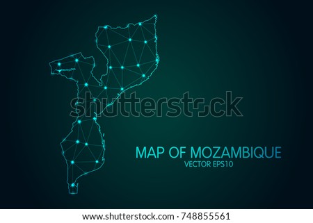 Map of Mozambique - With glowing point and lines scales on the dark gradient background, 3D mesh polygonal network connections.Vector illustration eps 10.