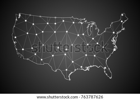 Abstract Mesh Line and Point Scales on The Dark Gradient Background With Map of United States of America. 3D Mesh Polygonal Network Connections.Vector illustration eps10.
