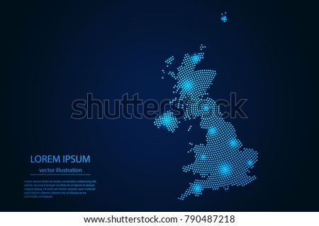 Abstract image United Kingdom map from point blue and glowing stars on a dark background. vector illustration. Vector eps 10.