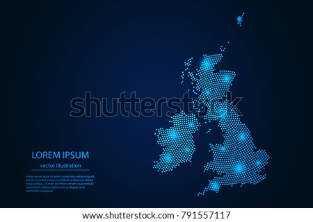 Abstract image United Kingdom map from point blue and glowing stars on a dark background. vector illustration. Vector eps 10.