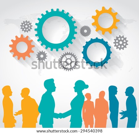 Silhouette of Business People talking with above of gears on the white background.