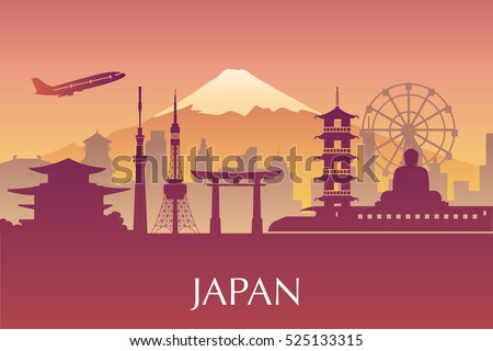 Silhouette illustration of Tokyo city in Japan.Japan landmarks Famous buildings.