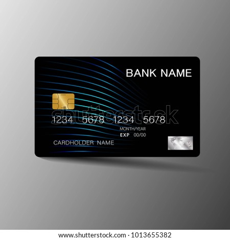 Modern credit card template design. With inspiration from the line abstract. Blue and black color on gray background illustration. Glossy plastic style.