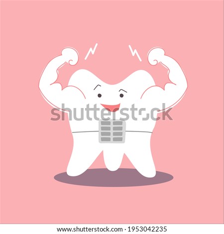  Cute cartoon tooth with brace showing off his power