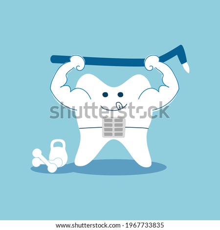  Cute cartoon tooth with brace showing off his power, he raises the toothbrush above his head