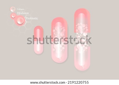 Probiotic and Hyaluronic acid skin solutions ad, pink collagen, and vitamin serum drops with cosmetic advertising background ready to use illustration vector.	