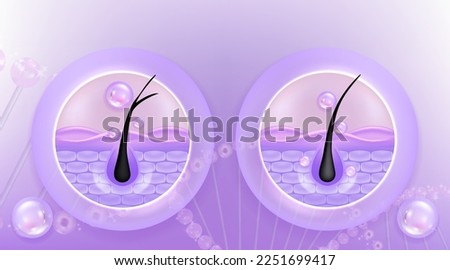 Hyaluronic acid before and after hair and skin solutions ad, purple collagen serum drop over skin cells with cosmetic advertising background ready to use, illustration vector.	