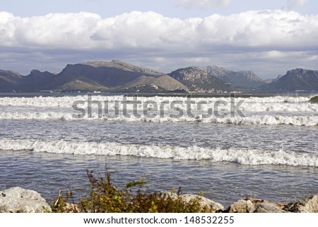 View on Cap de Formentor, Majorca, with waves in the sea. Stormy weather.