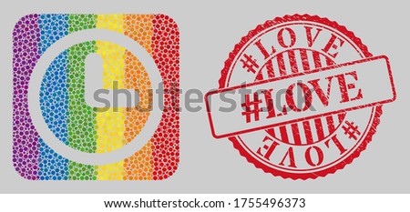 Scratched #Love stamp seal and mosaic clock subtracted for LGBT. Dotted rounded rectangle mosaic is around clock stencil. LGBT spectrum colors. Red rounded grunge seal imprint with #Love caption.