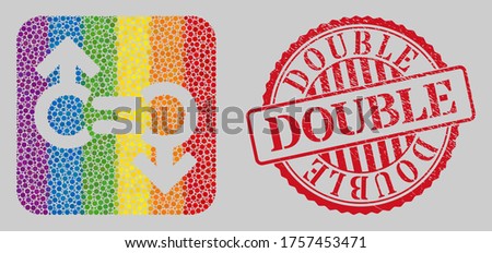 Scratched Double stamp and mosaic gay relation symbol subtracted for LGBT. Dotted rounded rectangle mosaic is around gay relation symbol subtracted shape. LGBT spectrum colors.