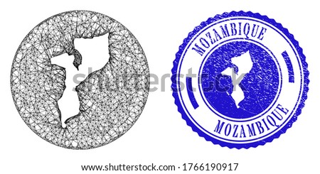 Mesh stencil round Mozambique map and grunge seal stamp. Mozambique map is stencil in a circle stamp seal. Web net vector Mozambique map in a circle. Blue round textured stamp.