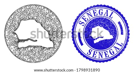 Mesh hole round Senegal map and grunge seal stamp. Senegal map is carved in a circle stamp. Web carcass vector Senegal map in a circle. Blue round grunge stamp.