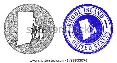 Mesh hole round Rhode Island State map and grunge seal stamp. Rhode Island State map is carved in a circle stamp seal. Web network vector Rhode Island State map in a circle. Blue round grunge stamp.
