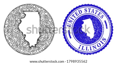 Mesh hole round Illinois State map and grunge seal. Illinois State map is carved in a circle stamp seal. Web carcass vector Illinois State map in a circle. Blue round grunge seal stamp.