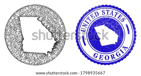 Mesh inverted round Georgia State map and grunge seal stamp. Georgia State map is a hole in a round seal. Web net vector Georgia State map in a circle. Blue round textured seal stamp.