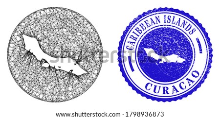 Mesh hole round Curacao Island map and scratched stamp. Curacao Island map is stencil in a round stamp. Web mesh vector Curacao Island map in a circle. Blue round grunge seal stamp.