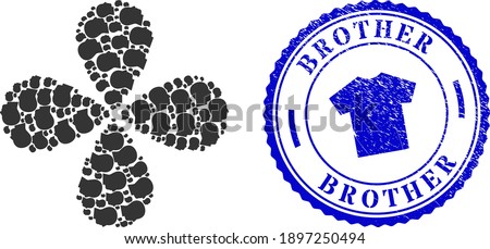 Man profile swirl abstract flower, and blue round BROTHER rubber badge with icon inside. Object flower with 4 petals composed from oriented man profile symbols. Vector flower collage in flat style.