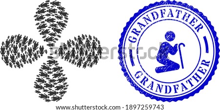 Old woman centrifugal flower with four petals, and blue round GRANDFATHER dirty watermark with icon inside. Element whirlpool organized from oriented old woman symbols.