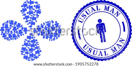 Boy centrifugal flower with four petals, and blue round USUAL MAN dirty watermark with icon inside. Object cycle composed from oriented boy symbols. Vector flower collage in flat style.