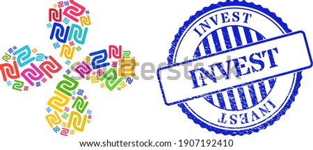 Shekel currency multicolored centrifugal flower cluster, and blue round INVEST unclean watermark. Object cluster composed from random shekel currency items. Vector flower collage in flat style.