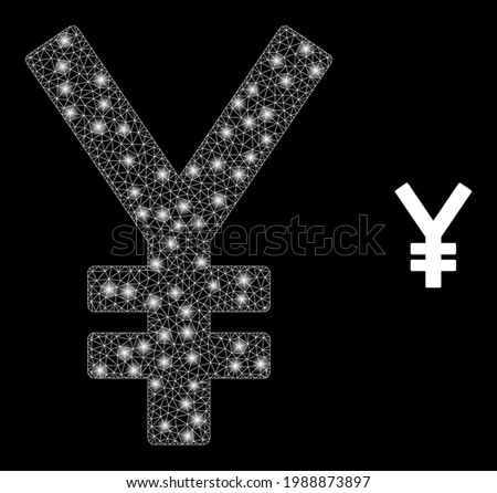 Sparkle net yen with glowing spots. Vector frame based on yen icon. Glowing frame polygonal yen on a black background.