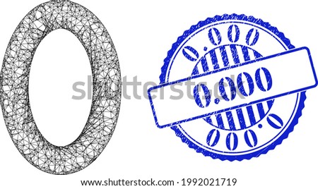 Vector crossing mesh digit zero carcass, and 0.000 blue rosette scratched seal print. Crossed carcass network image designed with digit zero pictogram, made with crossed lines. Blue stamp contains 0.