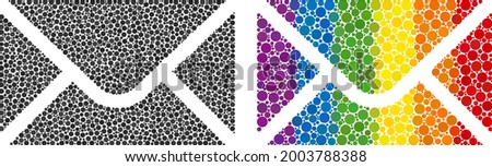Envelope collage icon of filled circles in various sizes and spectrum color tinges. A dotted LGBT-colored envelope for lesbians, gays, bisexuals, and transgenders.