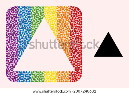 Dotted mosaic triangle subtracted pictogram for LGBT. Color rounded rectangle mosaic is around triangle subtracted space. LGBT spectrum colors. Vector triangle combination of circle pixels.