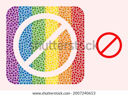 Dotted mosaic cancel stencil icon for LGBT. Rainbow colored rounded square mosaic is around cancel cut out shape. LGBT rainbow colors. Vector cancel combination of circle points.