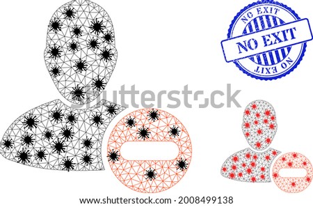 Mesh polygonal remove user symbols illustration in infection style, and scratched blue round No Exit seal. Model is created from remove user icon with black and red infection nodes.