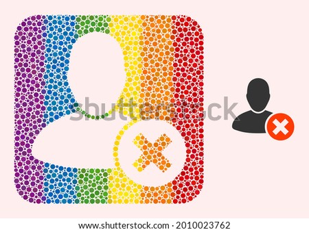 Dotted mosaic delete user subtracted icon for LGBT. Rainbow colored rounded square mosaic is around delete user cut out shape. LGBT rainbow colors. Vector delete user composition of spheric points.