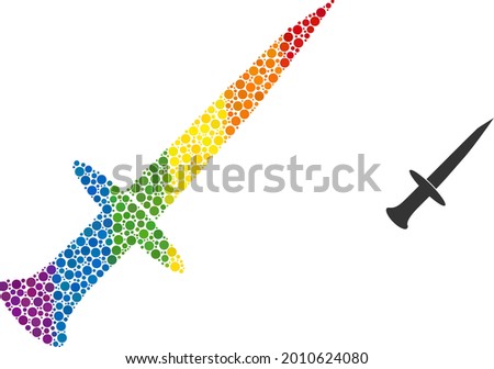 Sword collage icon of spheric blots in different sizes and spectrum color tints. A dotted LGBT-colored sword for lesbians, gays, bisexuals, and transgenders.