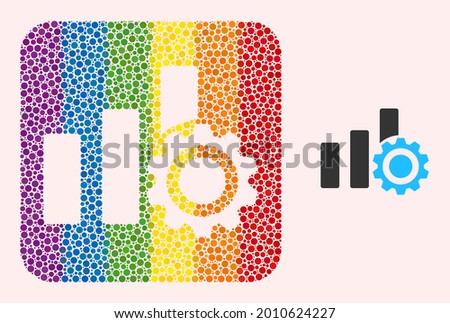 Dot mosaic bar chart settings hole icon for LGBT. Colorful rounded rectangle mosaic is around bar chart settings hole. LGBT spectrum colors. Vector bar chart settings composition of round pixels.