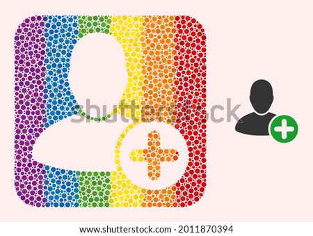 Dotted mosaic add user carved icon for LGBT. Rainbow colored rounded square collage is around add user carved shape. LGBT rainbow colors. Vector add user composition of spheric items.