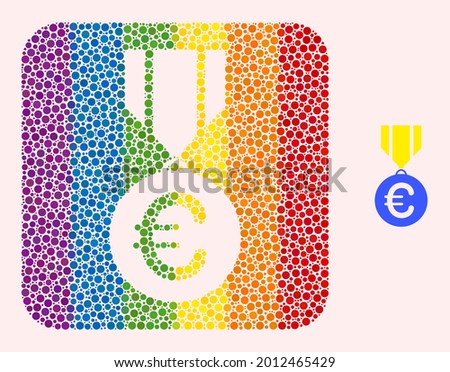 Dot mosaic euro medal carved icon for LGBT. Rainbow colored rounded rectangle mosaic is around euro medal carved shape. LGBT rainbow colors. Vector euro medal composition of spheric dots.