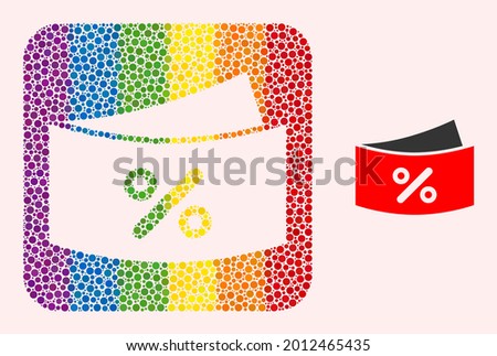 Dot mosaic discount coupones stencil icon for LGBT. Colored rounded rectangle mosaic is around discount coupones stencil. LGBT spectrum colors. Vector discount coupones composition of round pixels.