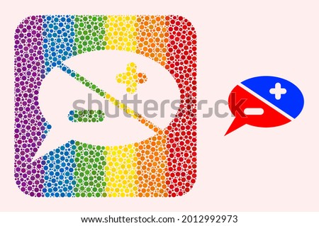Dotted mosaic chat arguments subtracted icon for LGBT. Color rounded square mosaic is around chat arguments subtracted shape. LGBT rainbow colors. Vector chat arguments composition of circle points.