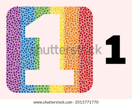 Dot mosaic digit one hole icon for LGBT. Rainbow colored rounded square mosaic is around digit one subtracted shape. LGBT rainbow colors. Vector digit one composition of round pixels.