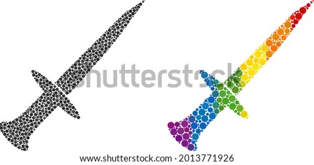 Sword collage icon of circle elements in different sizes and rainbow color tints. A dotted LGBT-colored sword for lesbians, gays, bisexuals, and transgenders.