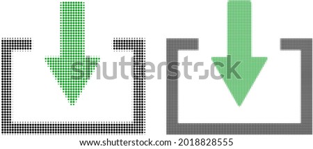 Pixel halftone download icon. Vector halftone mosaic of download icon done of circle items.