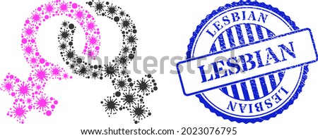 Covid-2019 collage lesbian symbol icon, and grunge LESBIAN seal stamp. Lesbian symbol collage for breakout images, and textured round blue stamp.