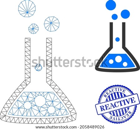 Web carcass reaction flask vector icon, and blue round REACTIVE corroded stamp print. REACTIVE seal uses round shape and blue color. Flat 2d carcass created from reaction flask icon.