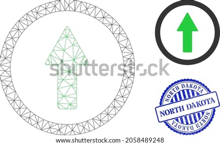 Web mesh rounded up arrow vector icon, and blue round NORTH DAKOTA rubber stamp seal. NORTH DAKOTA watermark uses round shape and blue color. Flat 2d carcass created from rounded up arrow icon.